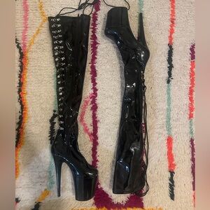 Pleaser Flamingo-3063 Black Patent Leather Knee-High Boots